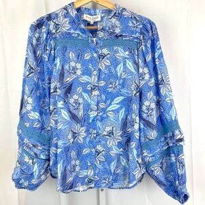 NWT HALE BOB Size XS Angelina Linen Top Floral Print Long Sleeve Button Up Blue